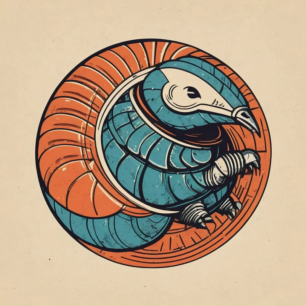Flat woodcut-style illustration of an armadillo curled into a round armored ball