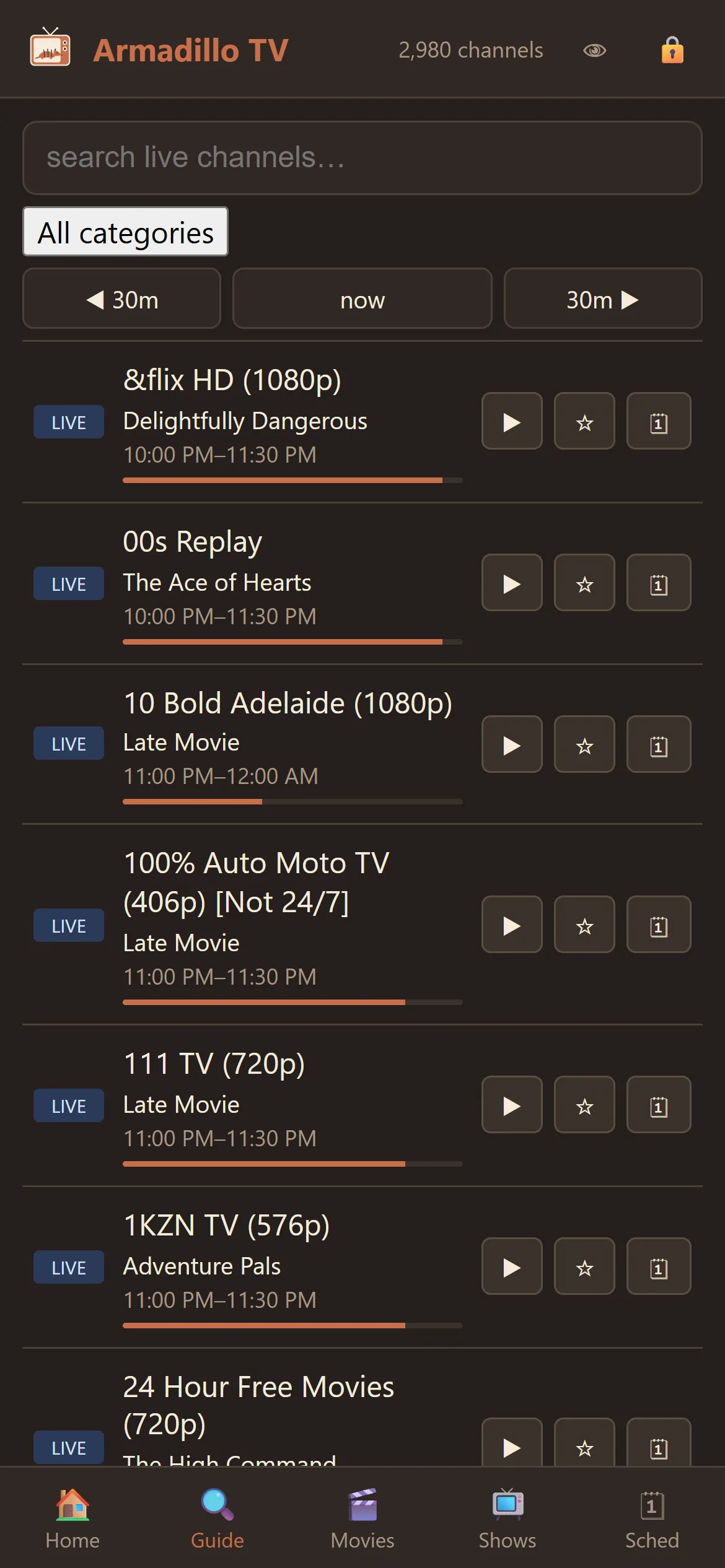 The phone guide filtered to US News, listing five live channels with what is on now, how far through it is, and play, favourite, and record buttons