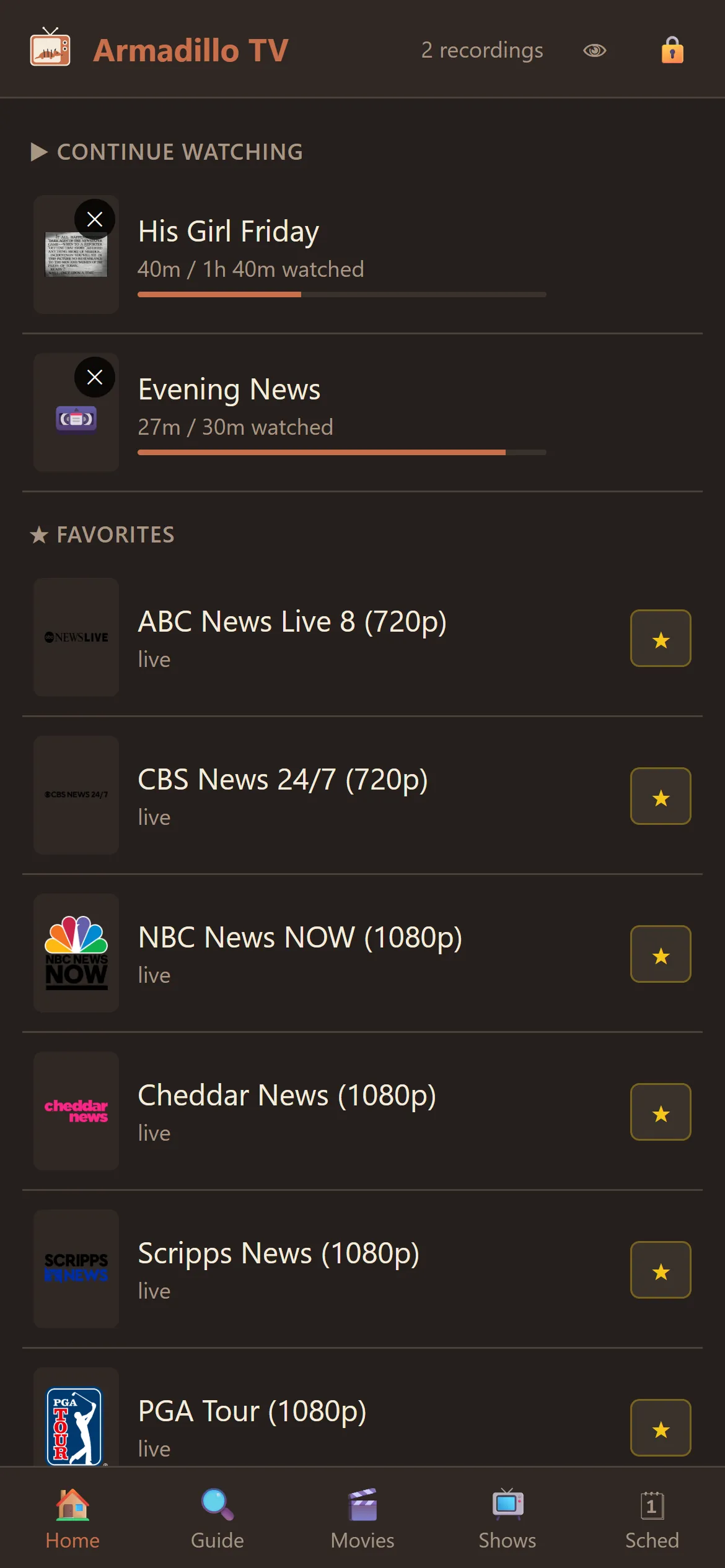 The phone home view: Continue Watching with a movie poster, then favourite news, sports, and entertainment channels with their logos