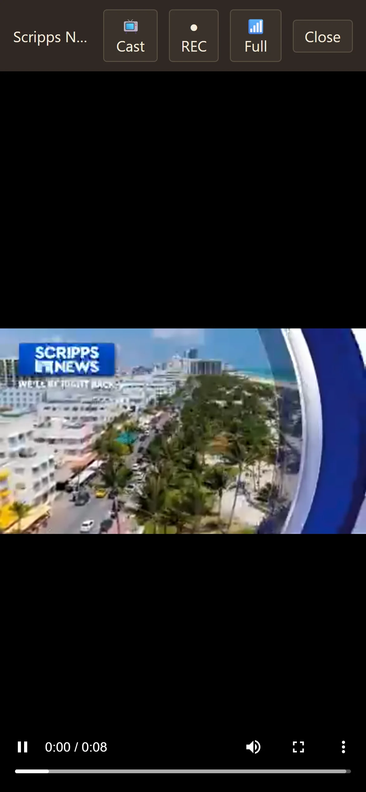 A live news channel playing in the phone browser, with Cast, Record, and Fullscreen controls