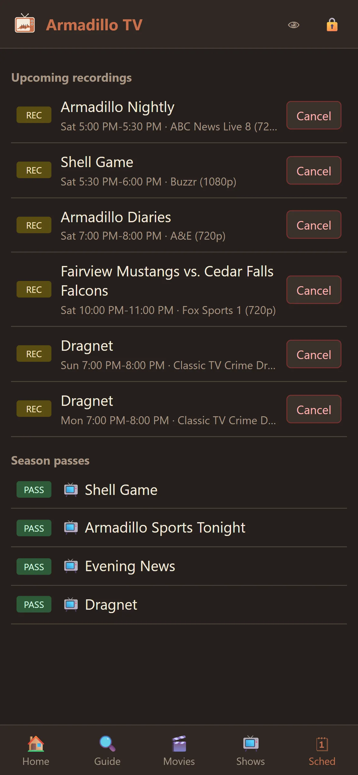 The phone schedule view: six upcoming recordings with channel and time range, and four season passes